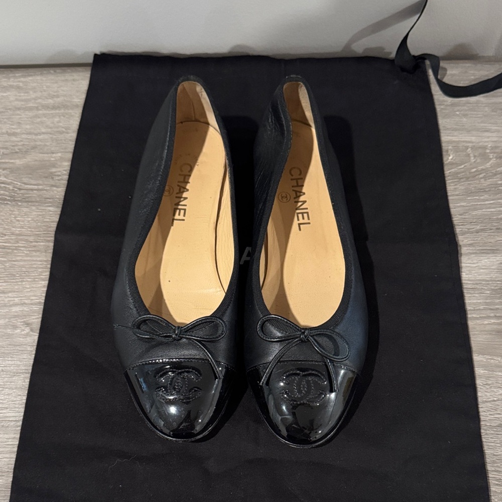 Chanel Black Flats with Glossy Toe Cap